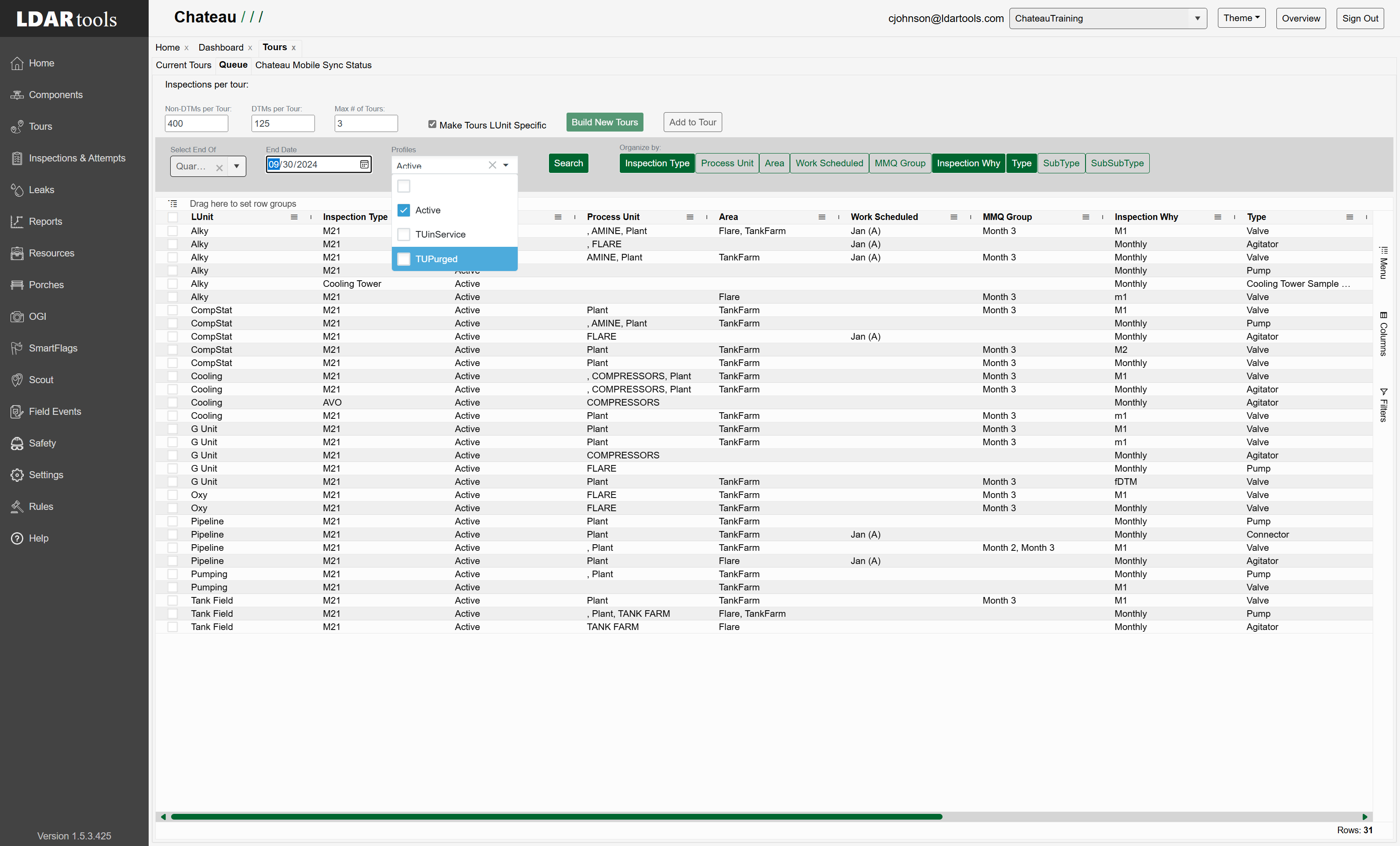 Use the Profiles dropdown if you want to exclude specific profiles like TUx components (out of service) from the tours.