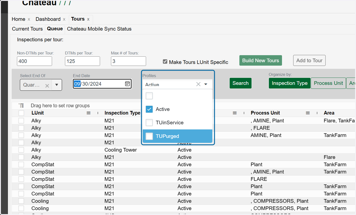Use the Profiles dropdown if you want to exclude specific profiles like TUx components (out of service) from the tours.