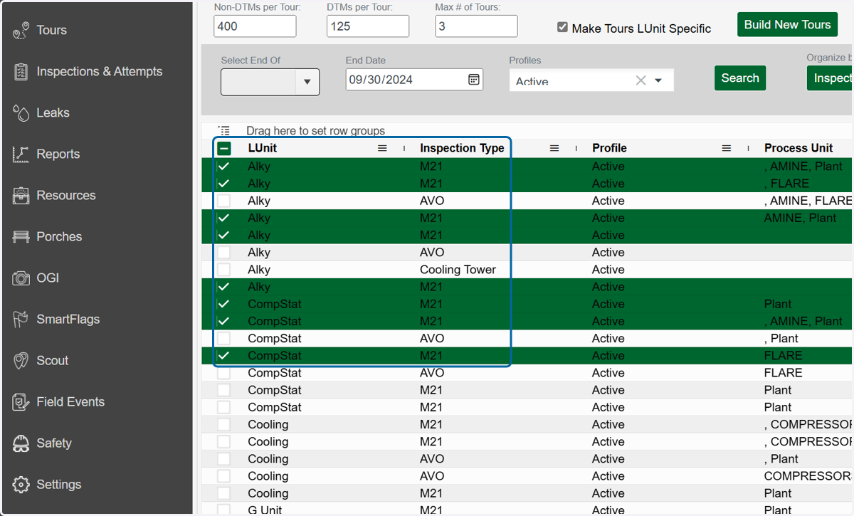 Select the rows you want to add to tours. Note: Each row can represent multiple components, Look for the Inspections column if you're curious.