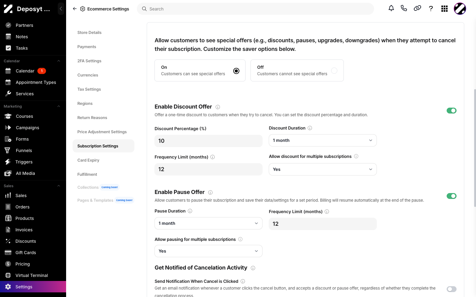 Step 4: You can also allow customers to see special offers and enable discount offers by setting up the discount percentage, duration, frequency limit, and allowing multiple subscriptions.