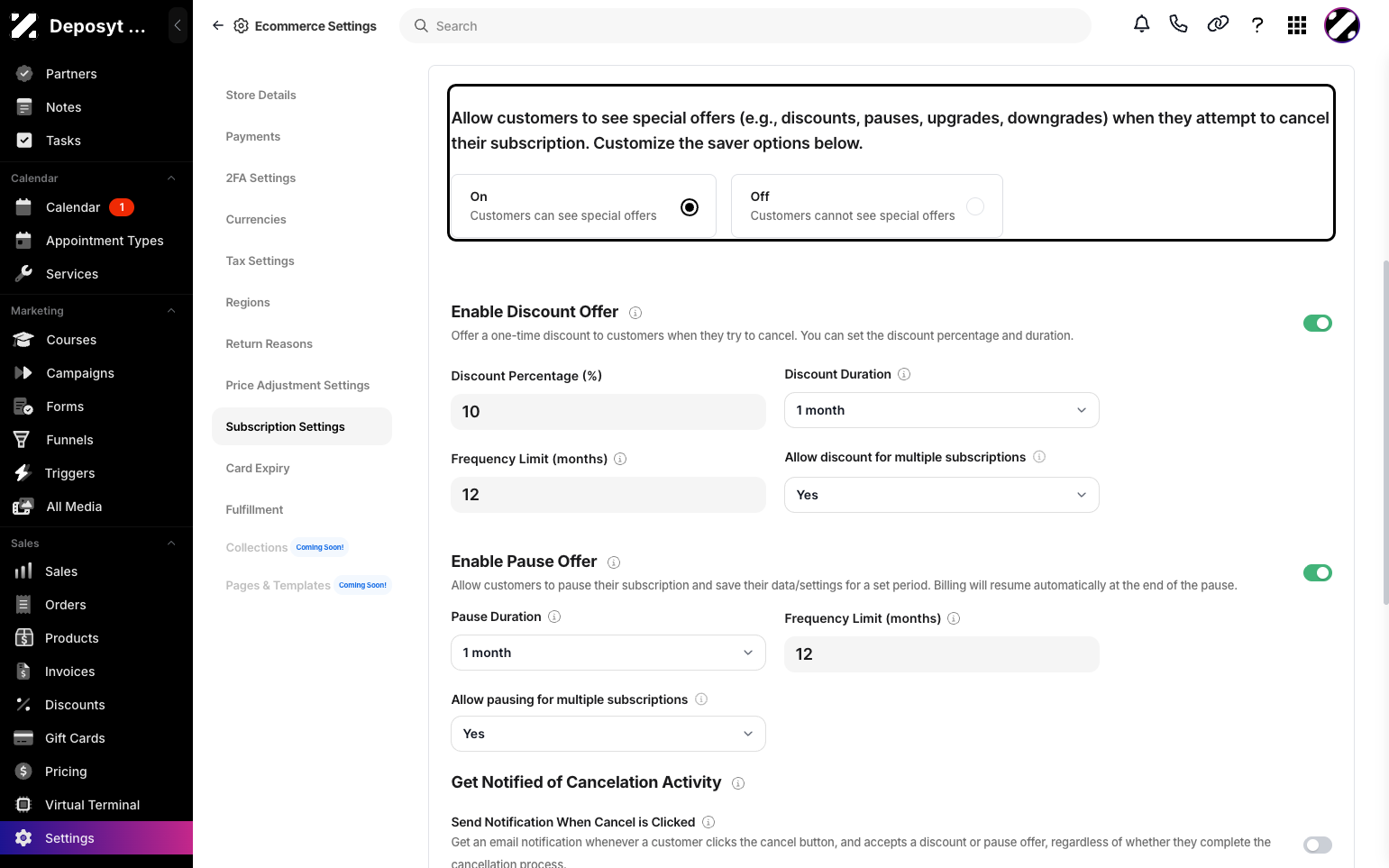 Step 4: You can also allow customers to see special offers and enable discount offers by setting up the discount percentage, duration, frequency limit, and allowing multiple subscriptions.
