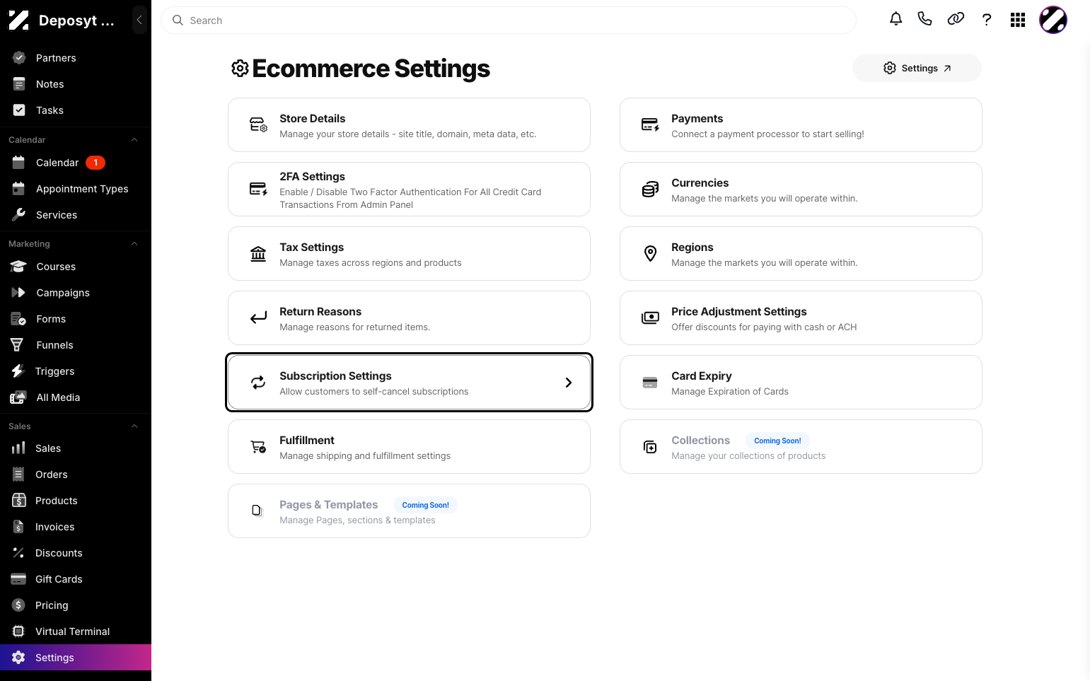 Step 2: Click on the Settings tab under the Sales section to navigate. Then click on Subscription Settings.