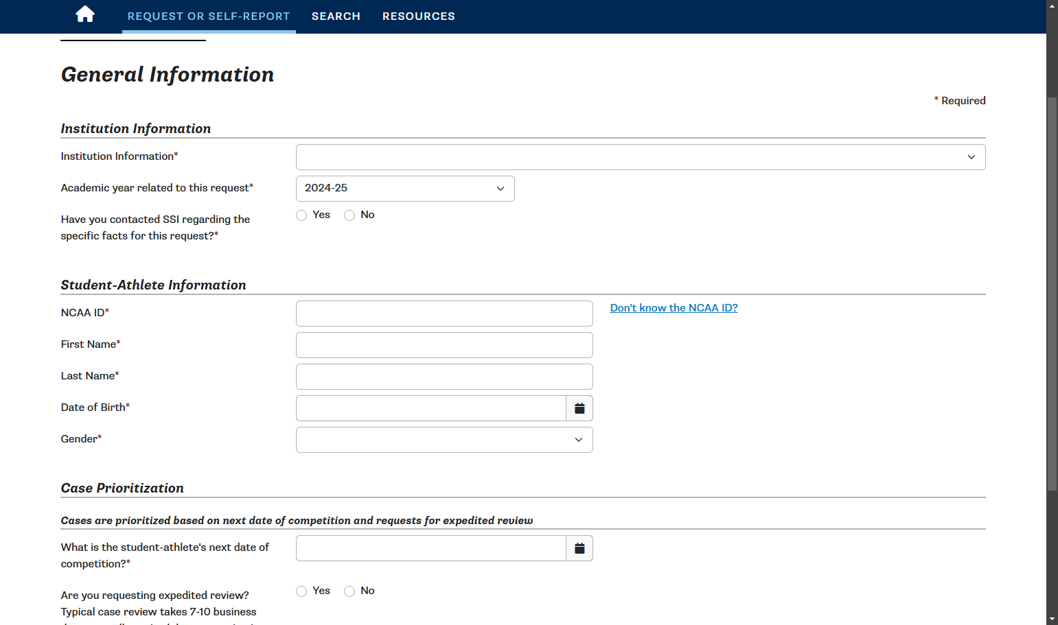 Enter institution and student-athlete information.