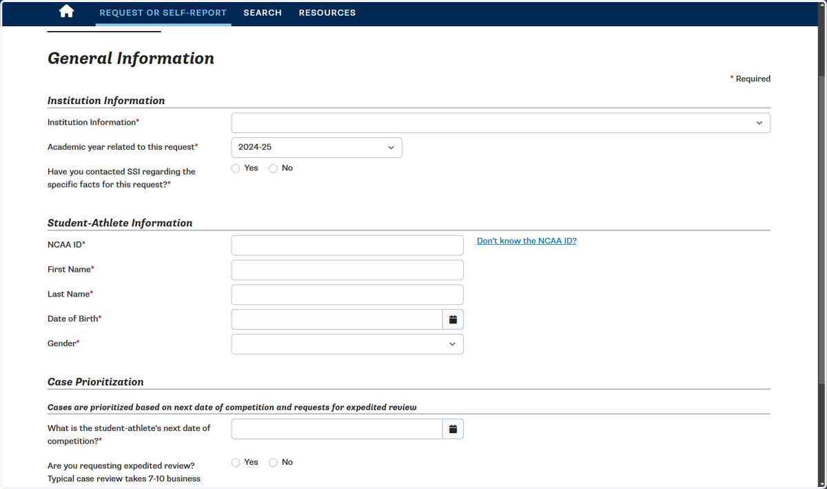 Enter institution and student-athlete information.