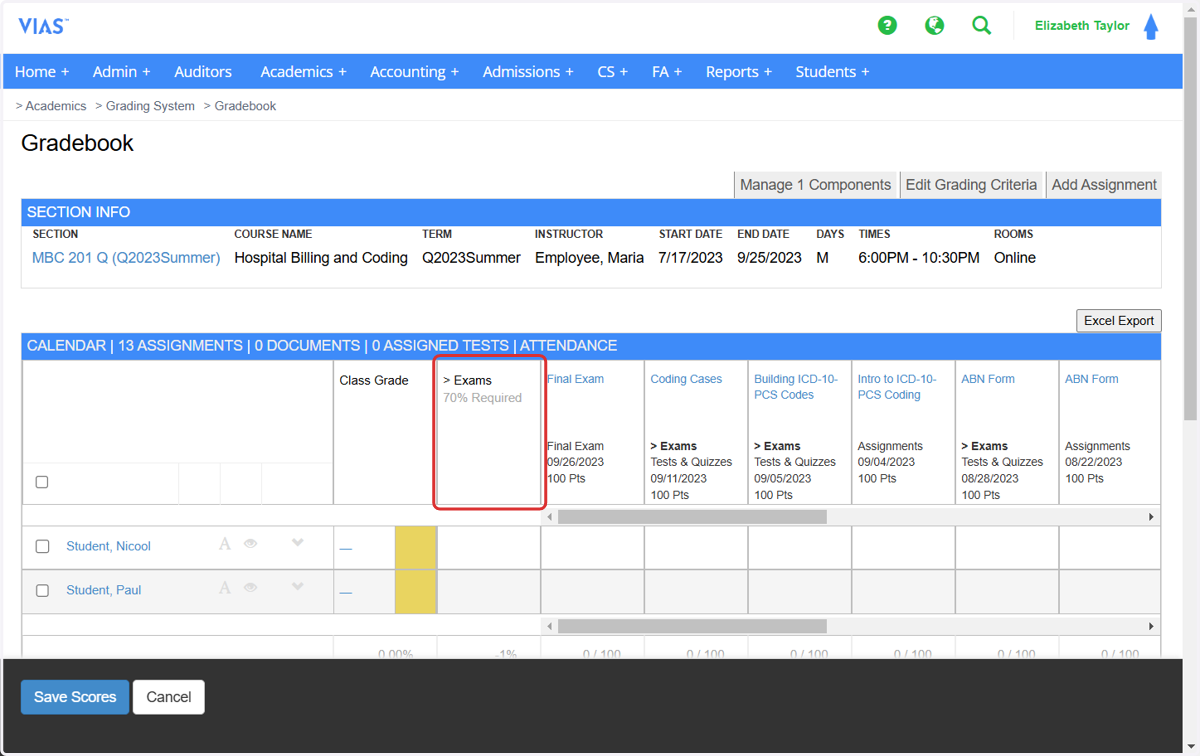 Now the Components rule is displayed within the gradebook. The average of the component rule will appear in the column for each student. Instructors will monitor the rule as the course progresses. If a student does not met the rule, it will reflect i