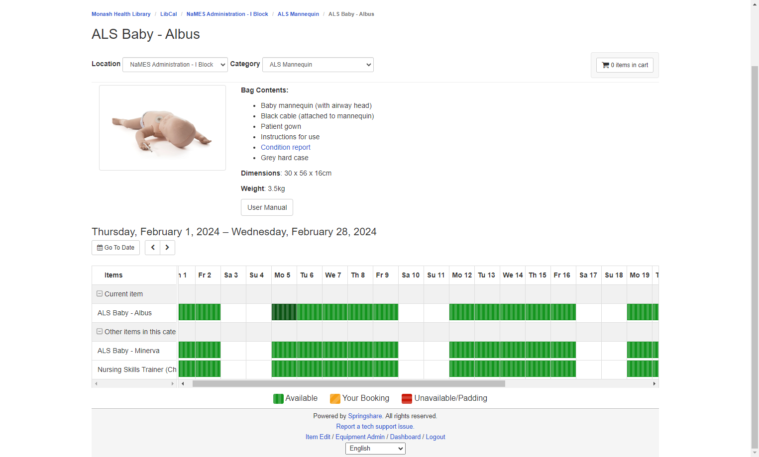 If you would like to borrow the item, select a date from the grid below the item description.