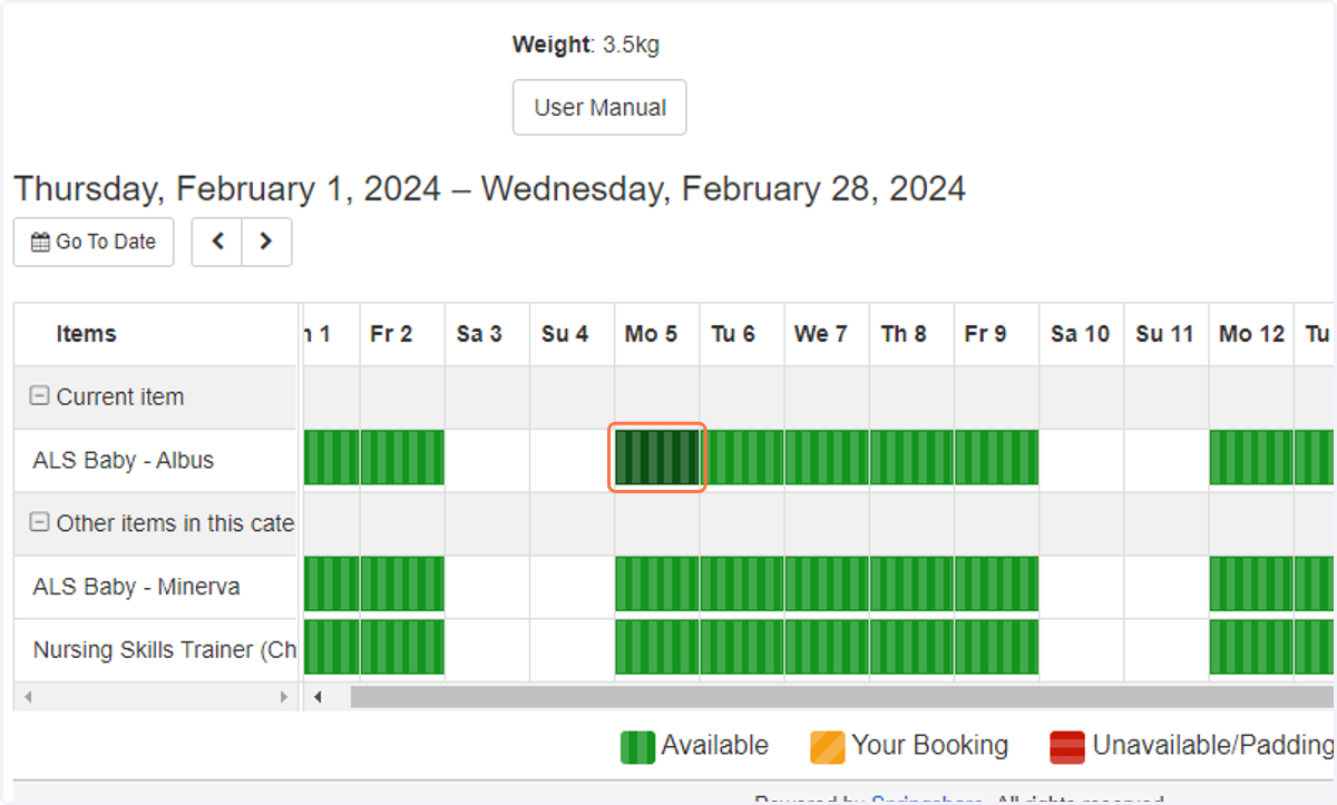 If you would like to borrow the item, select a date from the grid below the item description.