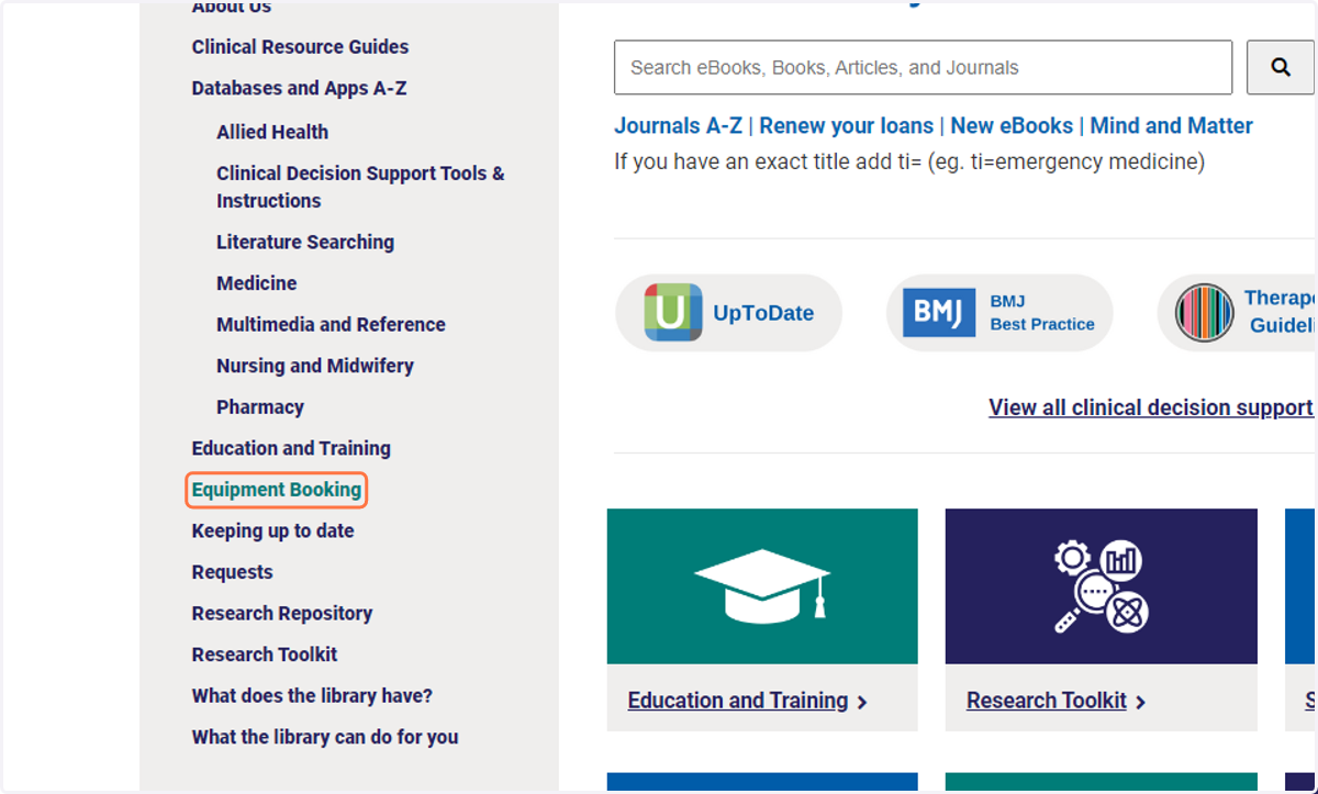 Click on Equipment Booking in the left hand side navigation menu.