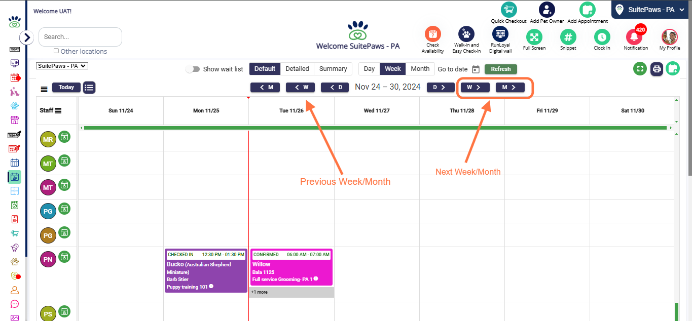 Weekly/Monthly Navigation: In Week View or Month View, navigate to the previous or next week/month using the navigation buttons.