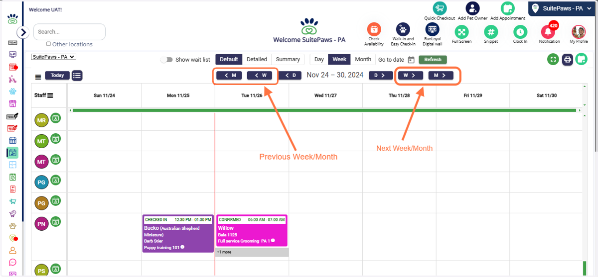 Weekly/Monthly Navigation: In Week View or Month View, navigate to the previous or next week/month using the navigation buttons.