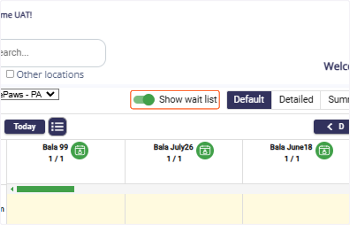 Show Waitlist Appointments: Toggle the "Show waitlist" option to display unapproved or waitlist appointments.