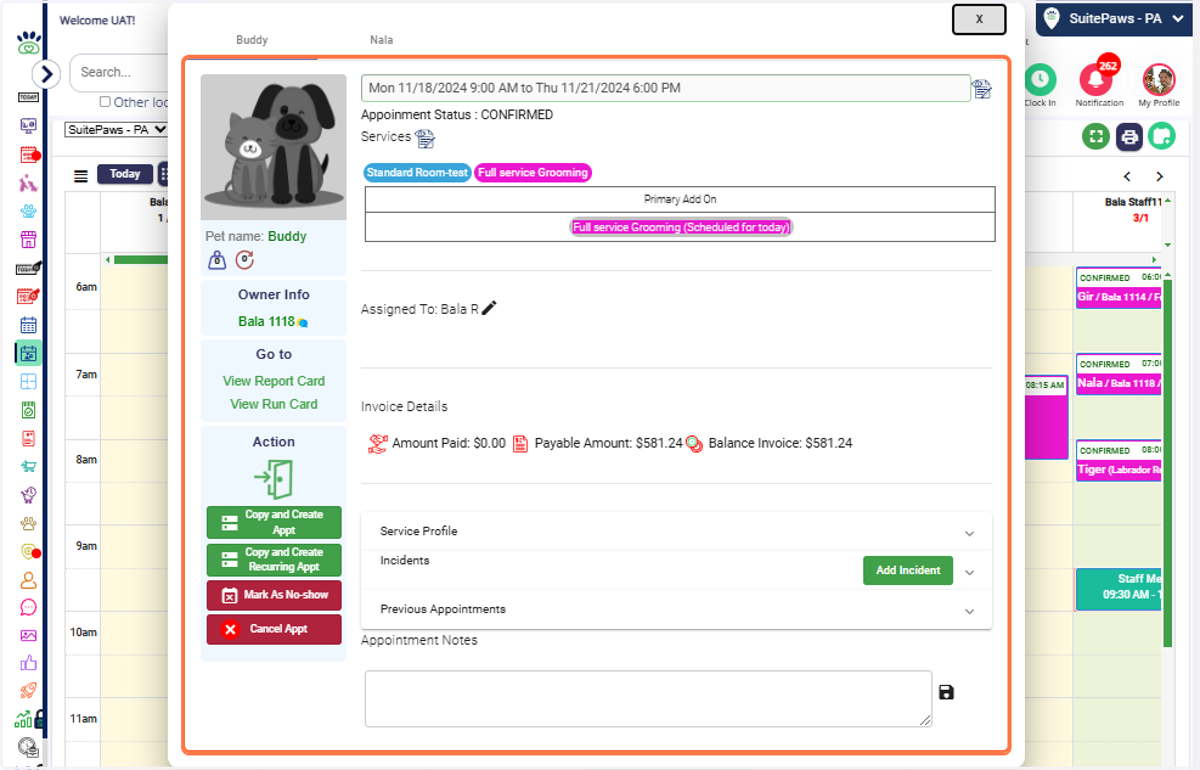 Mark as No Show: 1. Select the appointment from the calendar. 2. On the left-side panel, click "Mark as No Show" to update the appointment status for a pet that did not show up.