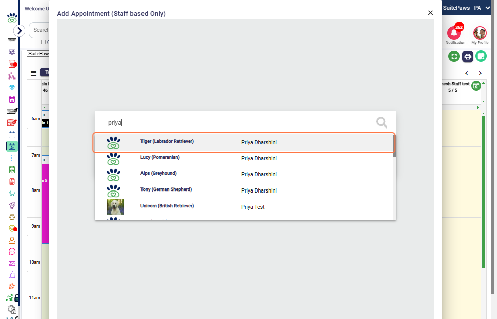 Search for Pet/Owner: Type the pet owner or pet’s name and select from the list.