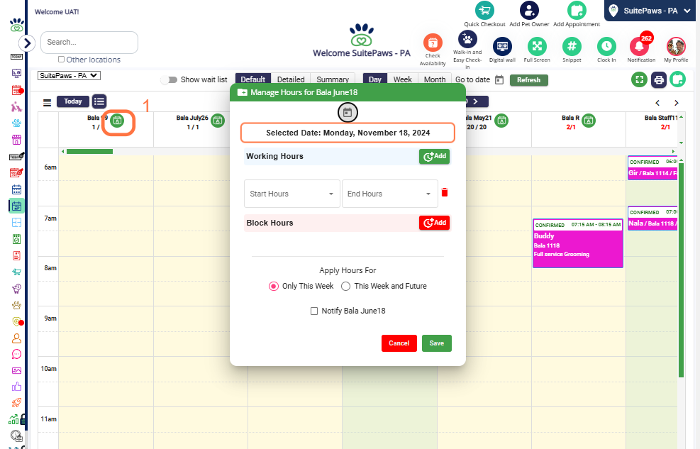 Manage Staff Hours: Click on the calendar next to the staff's name to manage their hours.