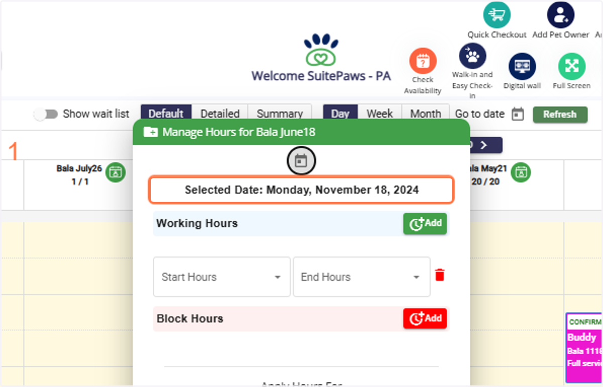 Manage Staff Hours: Click on the calendar next to the staff's name to manage their hours.
