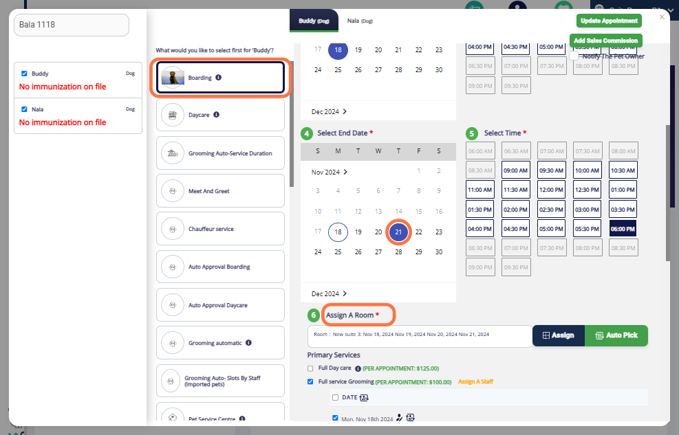 Select Multiple Services: Choose multiple services, along with start and end dates/times and Assign staff/room for the service.