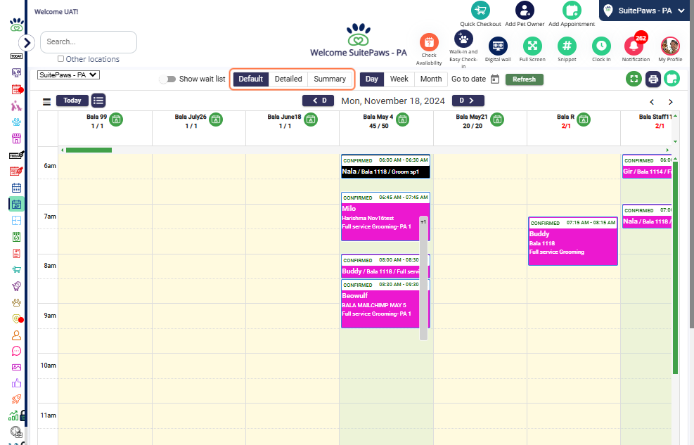 View Selector: Choose between three view types: 1. Default 2. Detailed 3. Summary