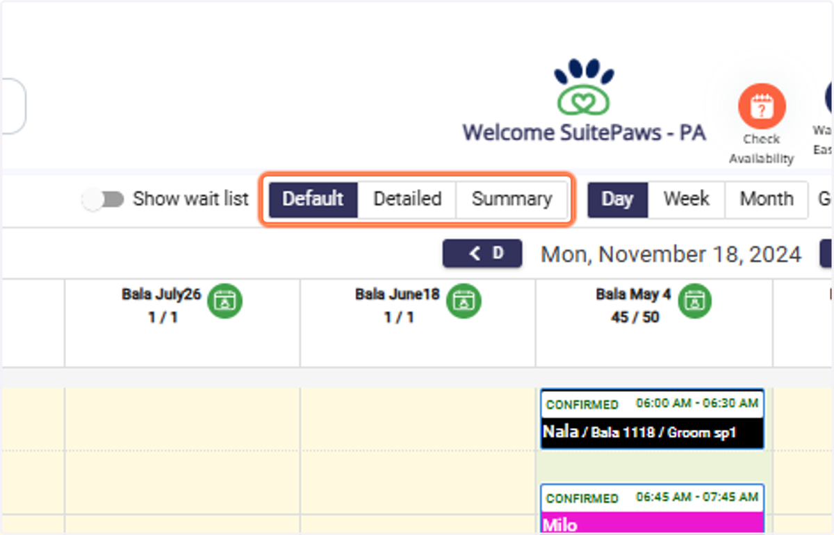 View Selector: Choose between three view types: 1. Default 2. Detailed 3. Summary
