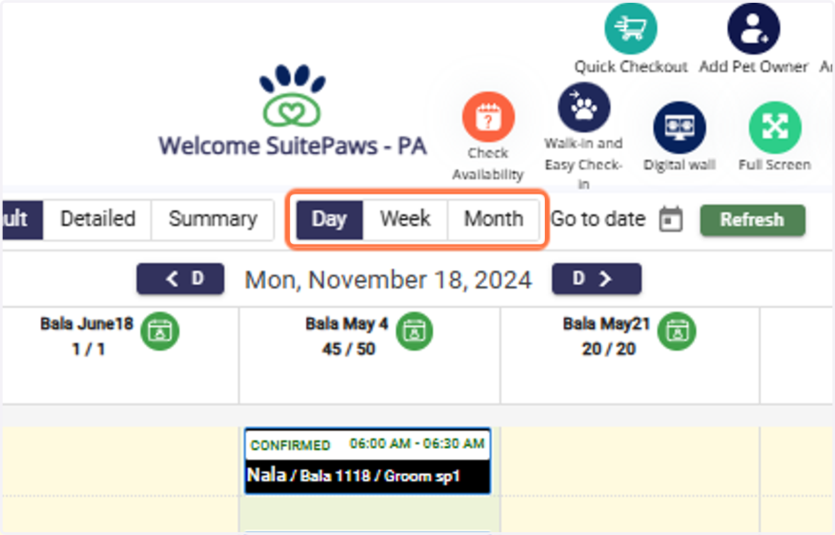 Switch View Mode: View appointments by Day, Week, or Month