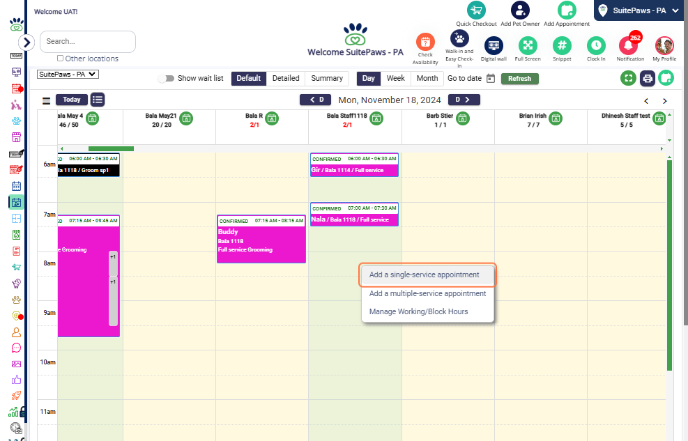 Select Options: Click on the staff’s working hours to choose: 1. Add a Single-Service Appointment 2. Add a Multiple-Service Appointment 3. Manage Working & Block Hours