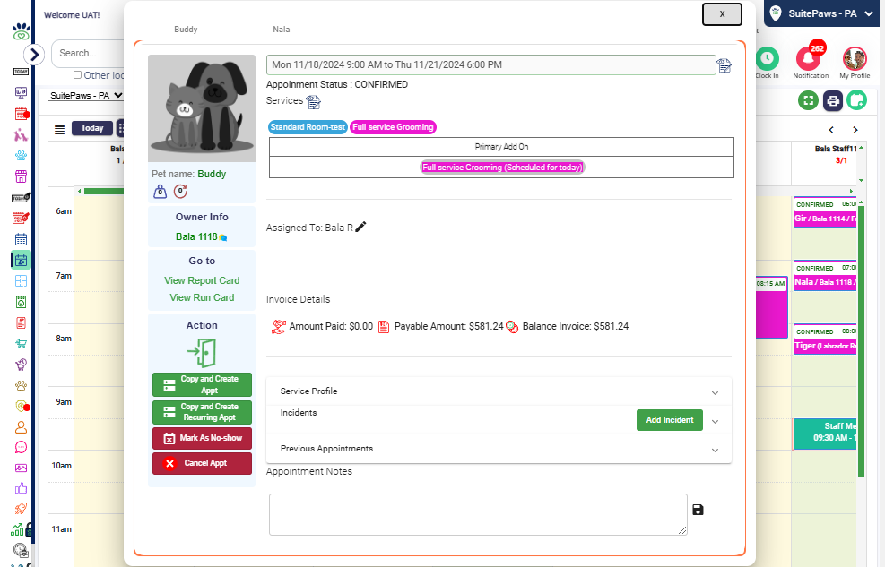 Check-In the Pet: For confirmed appointments, click "Check-In" when the pet arrives. Check-Out the Pet: Once the appointment is complete and the pet is ready to leave, click "Check-Out."