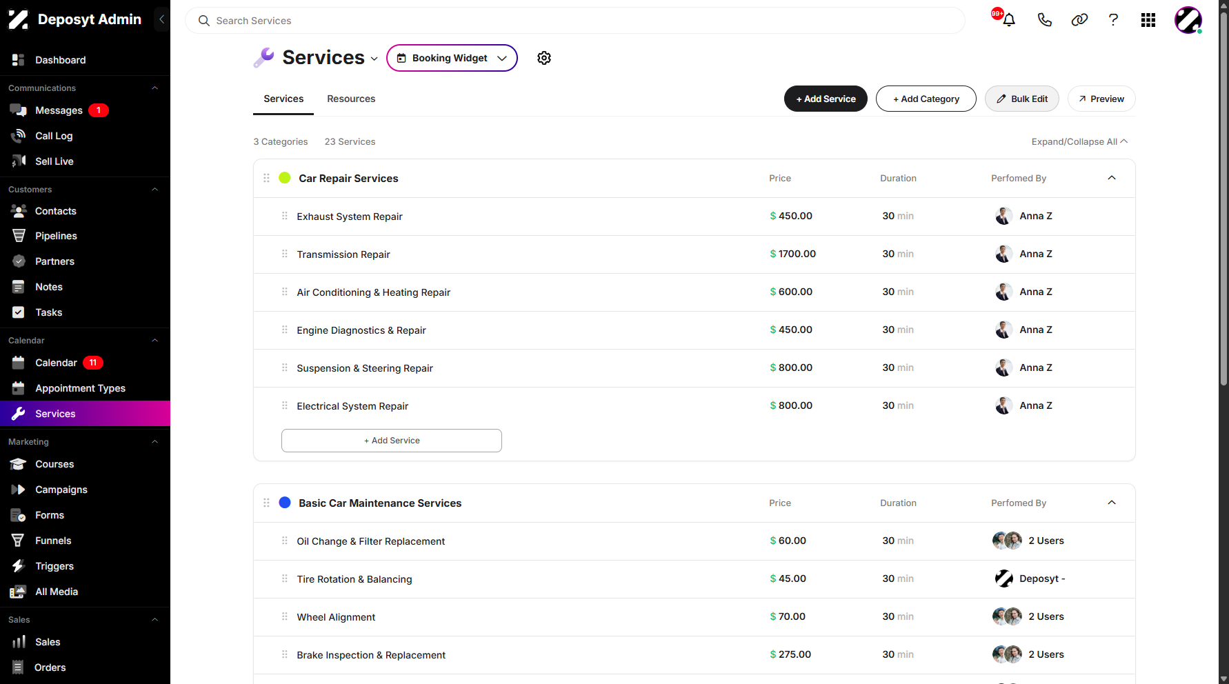 Step 3: Click on + Add Services button next to the Add Category button.