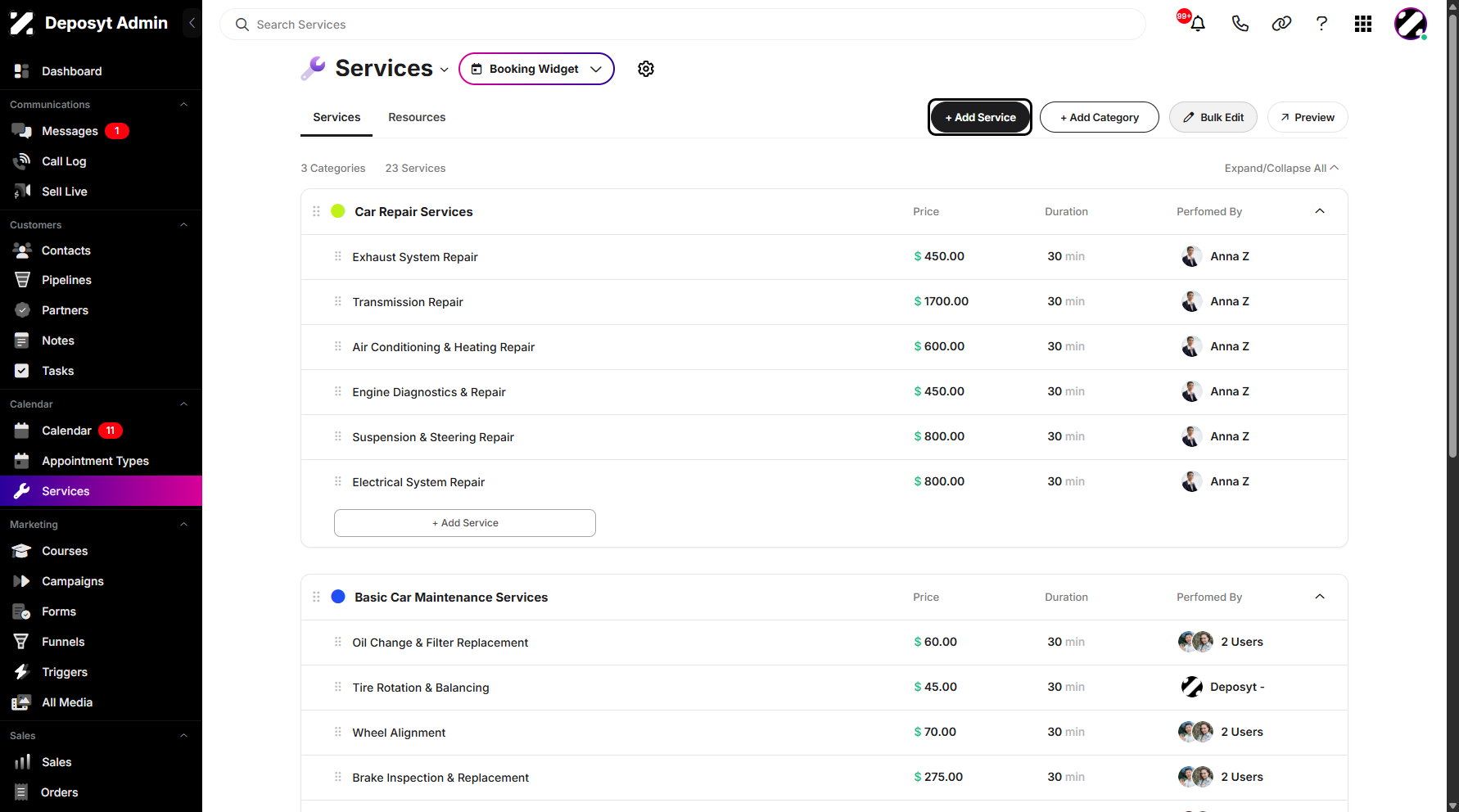 Step 3: Click on + Add Services button next to the Add Category button.