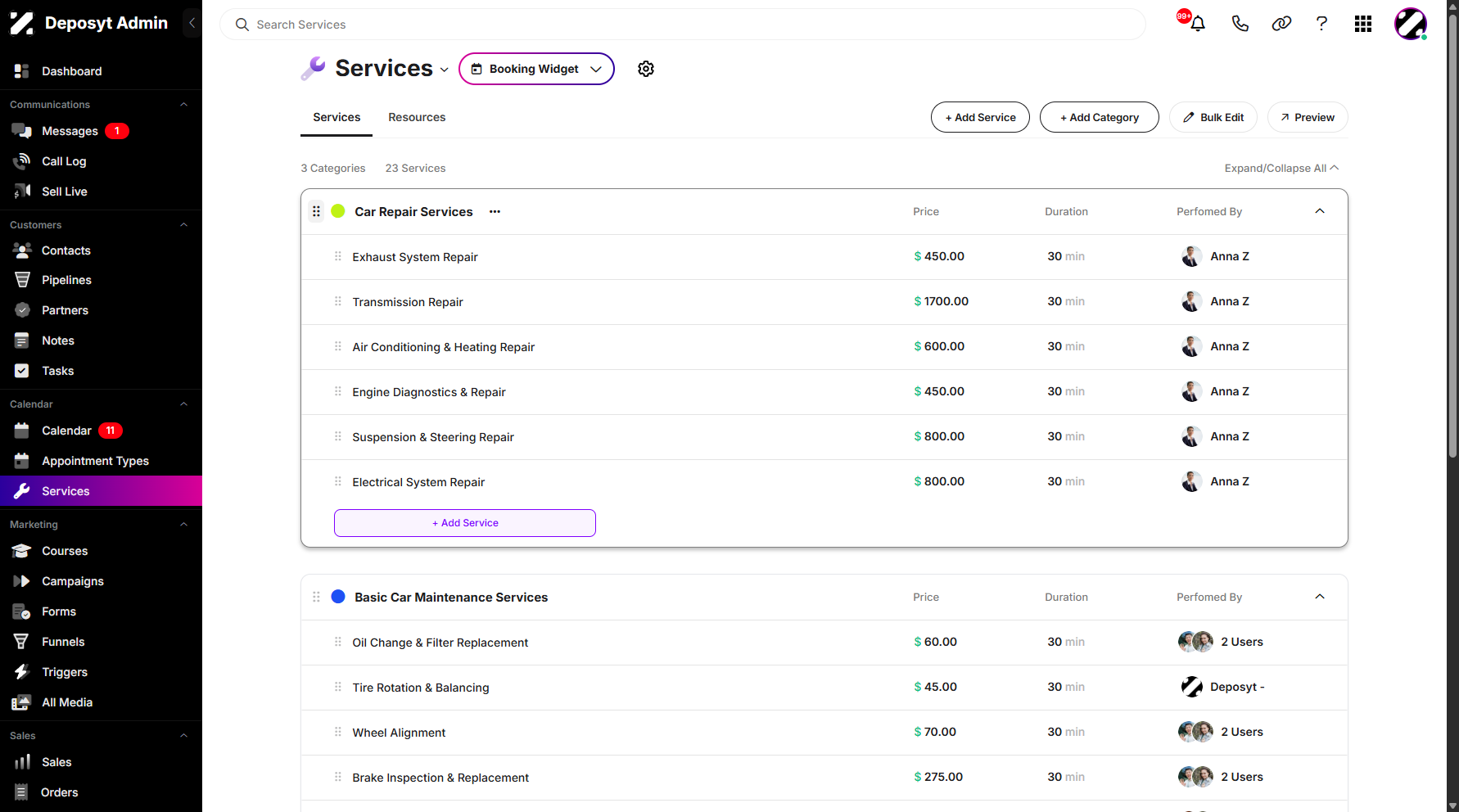 Step 8: Another way to create and add a new service is by clicking '+ Add Service' below the services list or within each category section.