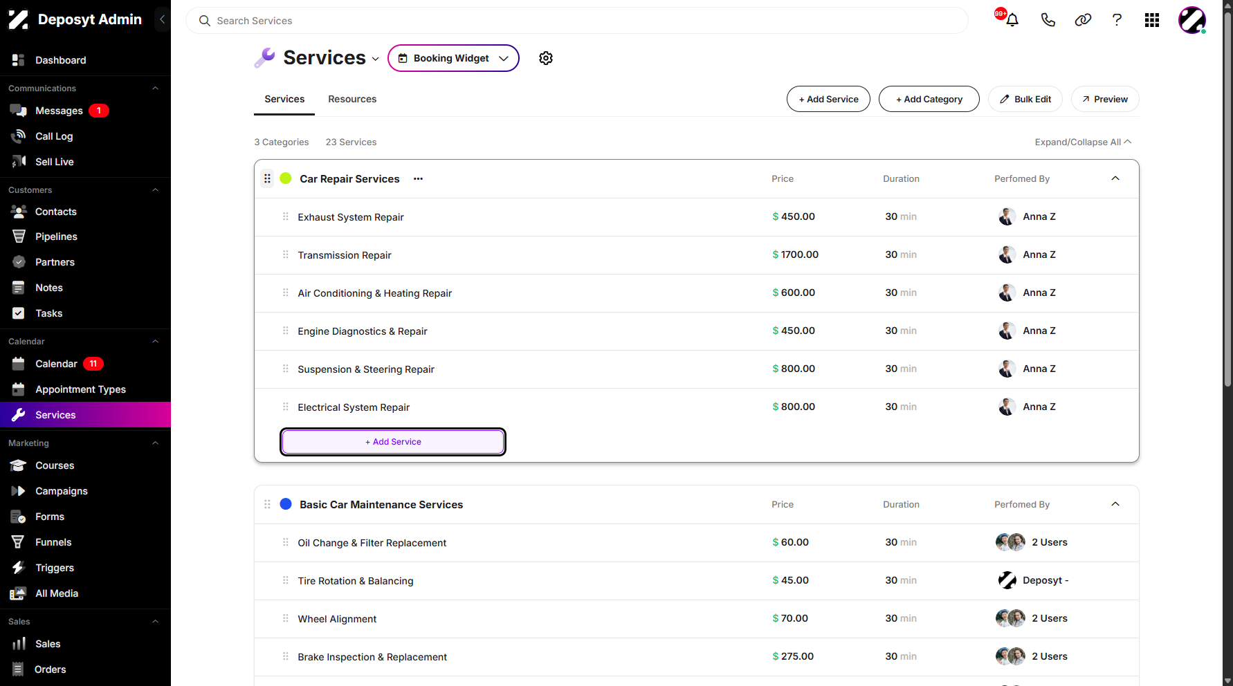 Step 8: Another way to create and add a new service is by clicking '+ Add Service' below the services list or within each category section.