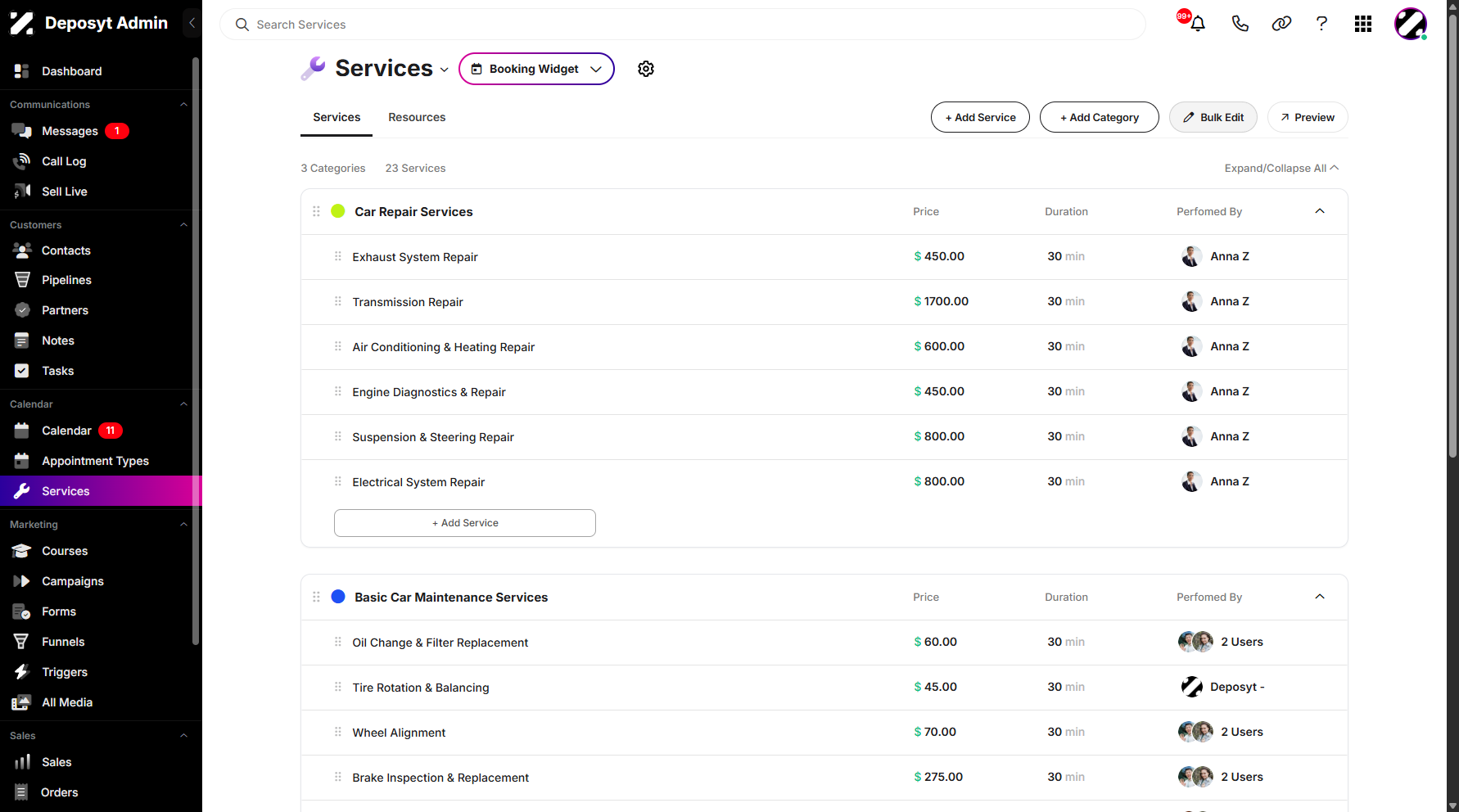 Step 1: On your Dashboard, navigate to the Services tab under the Calendar section.