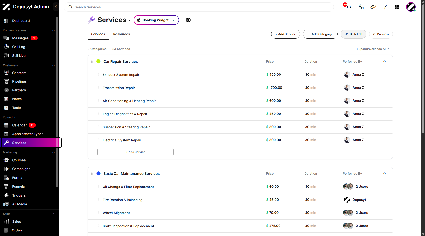 Step 1: On your Dashboard, navigate to the Services tab under the Calendar section.