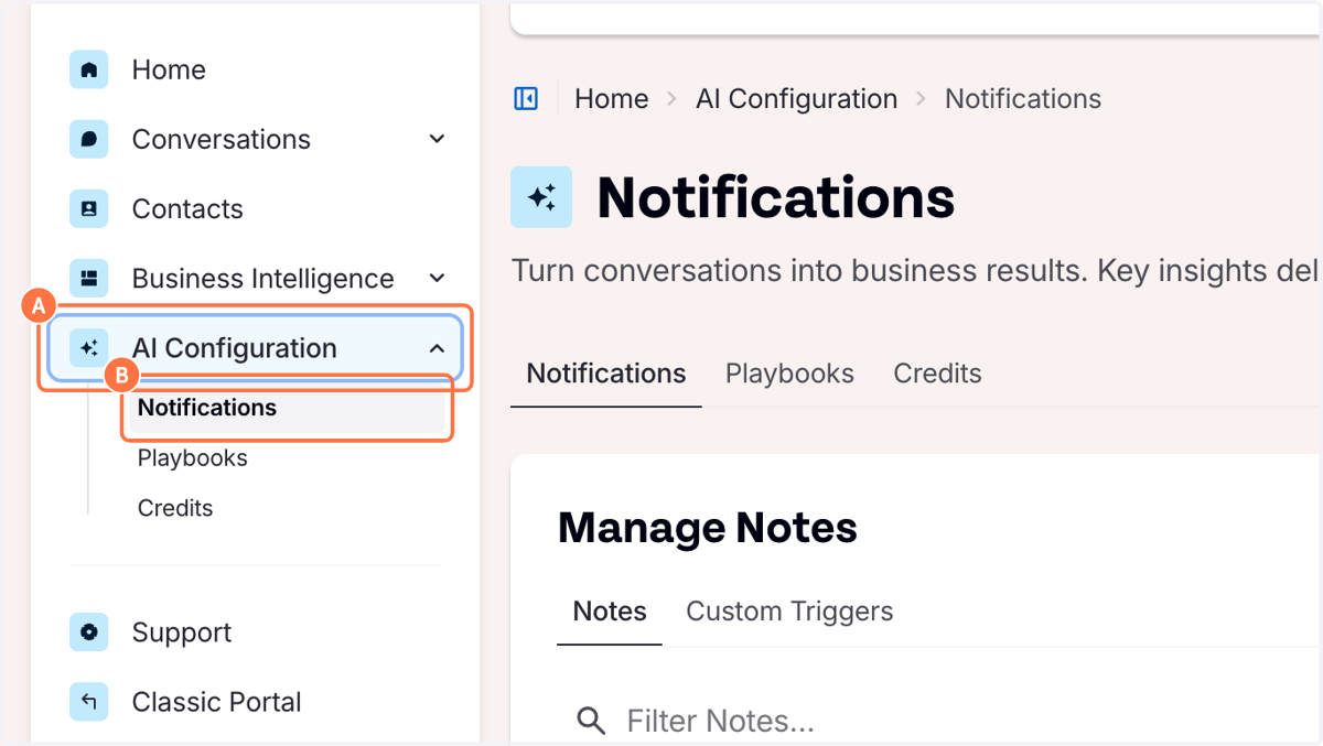 A. Click on AI Configuration B. Click on Notifications