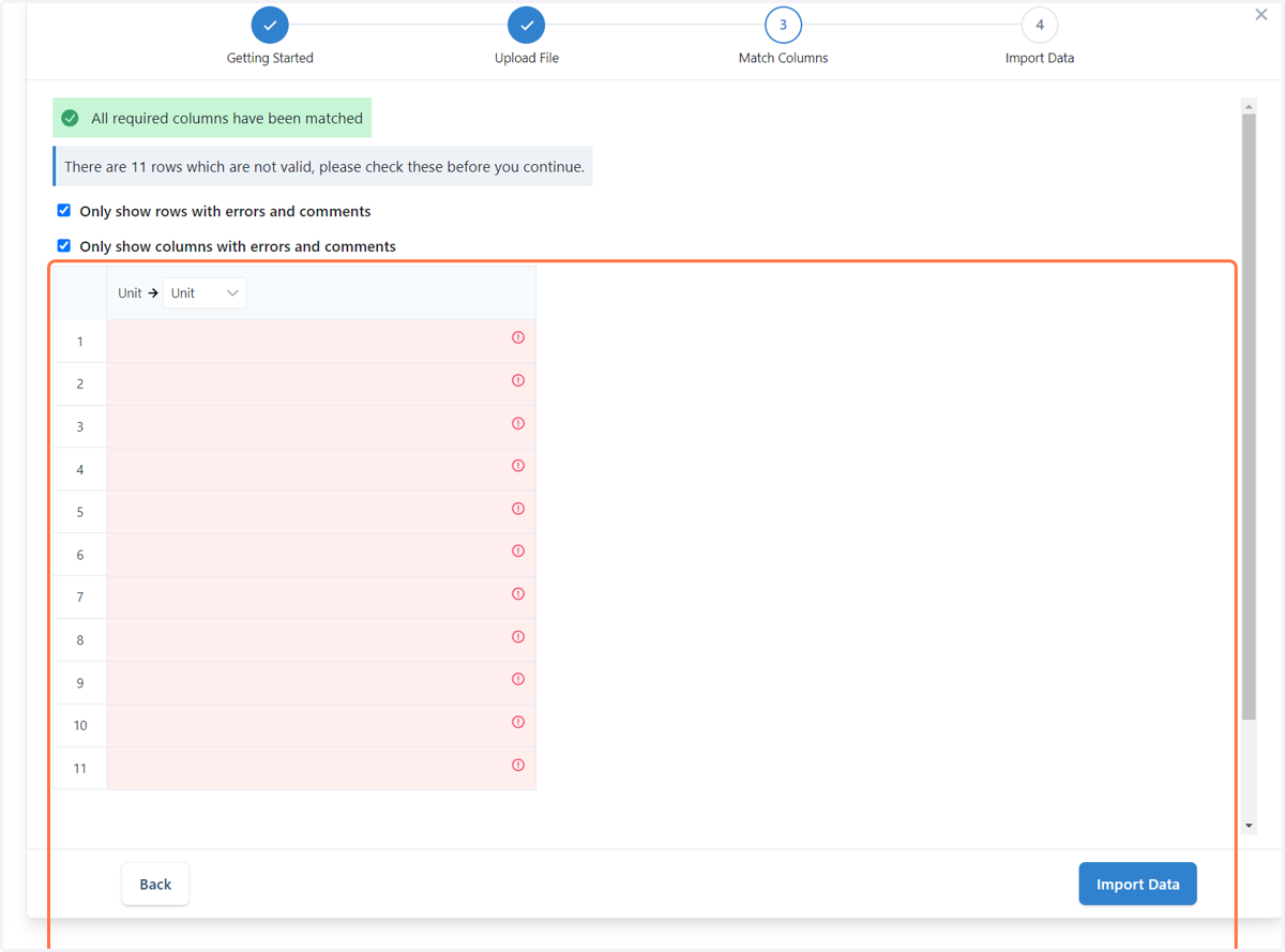 This is the column in your csv with an issue. Once corrected, return to the csv upload.