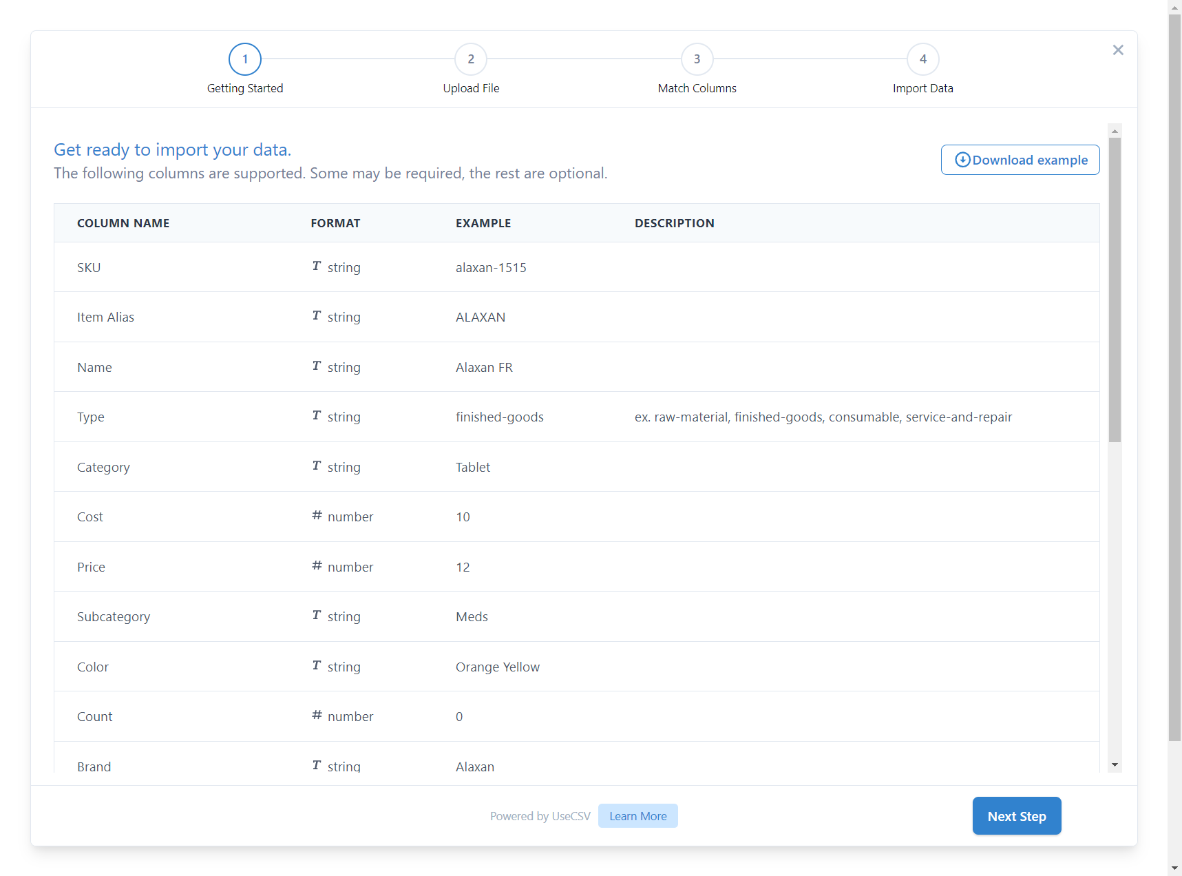 This is the details page of the csv file; some fields are required, while others are optional.