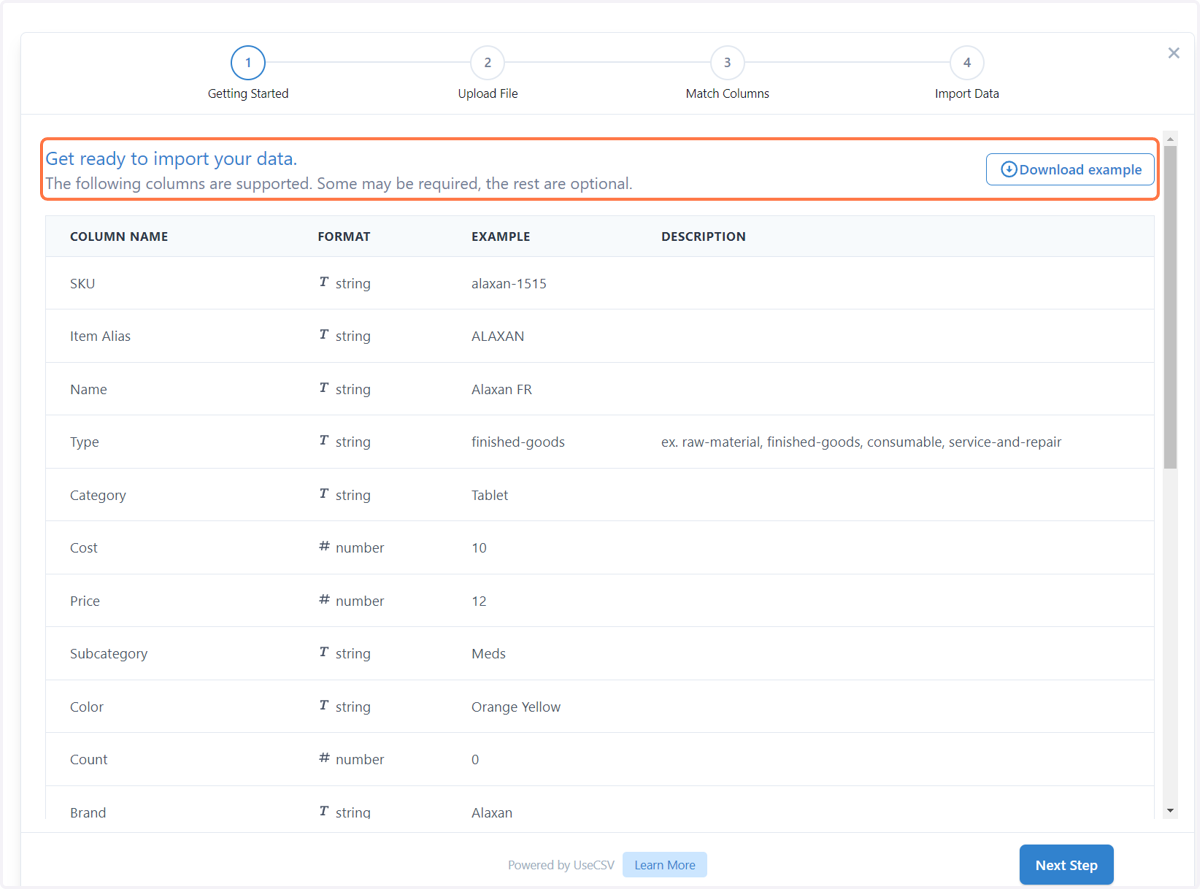 This is the details page of the csv file; some fields are required, while others are optional.