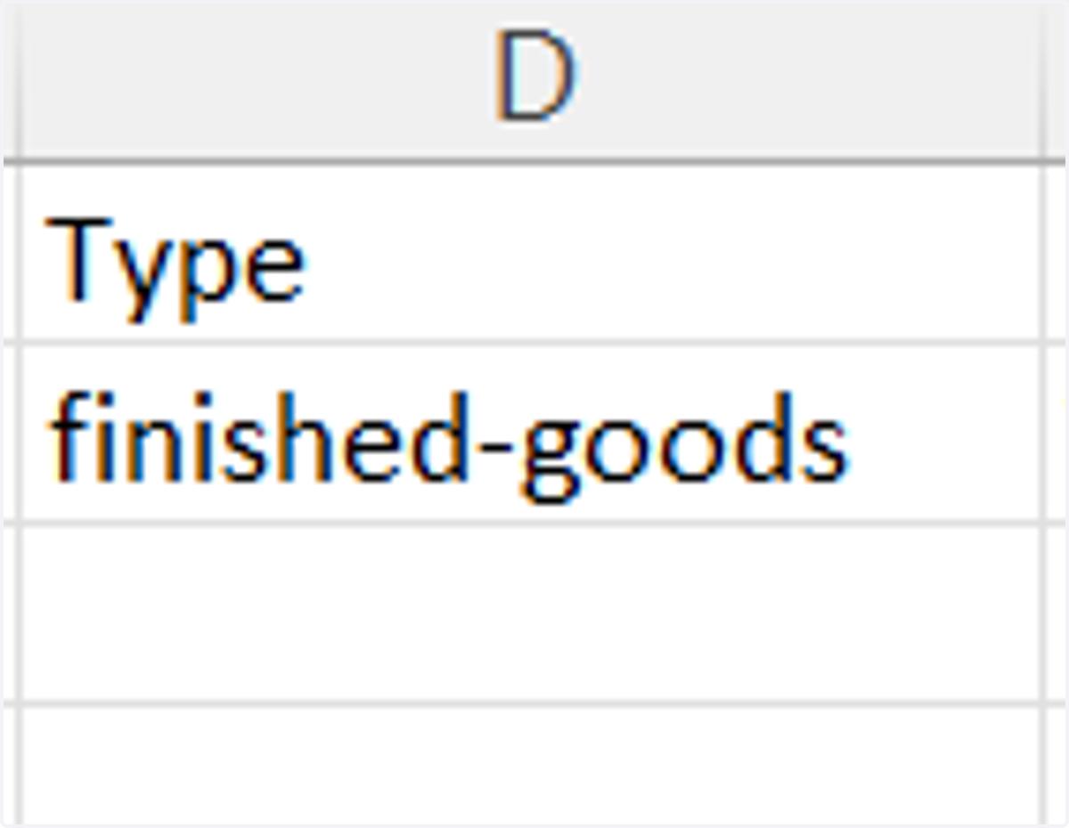 Type: "finished-goods" "raw-material" "consumable" "service-and-repair" You have the option of selecting the type of item.