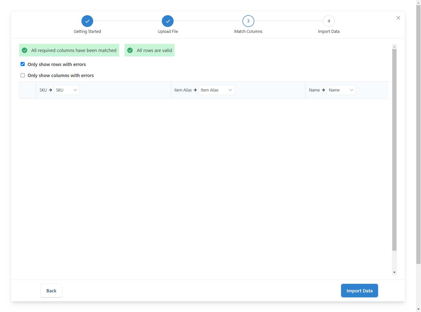 As you can see, all of the columns have been matched, and all of the rows are correct. It is now ready for upload.