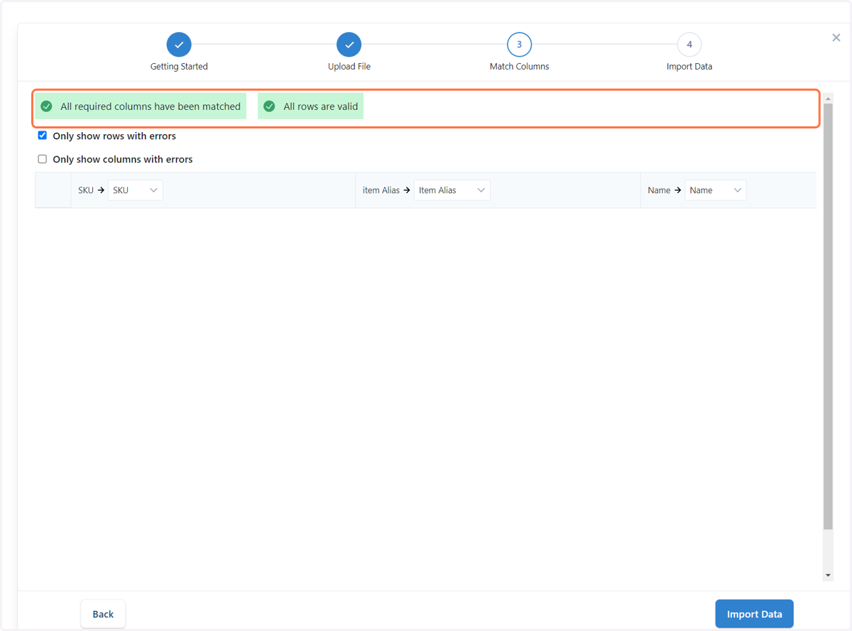 As you can see, all of the columns have been matched, and all of the rows are correct. It is now ready for upload.