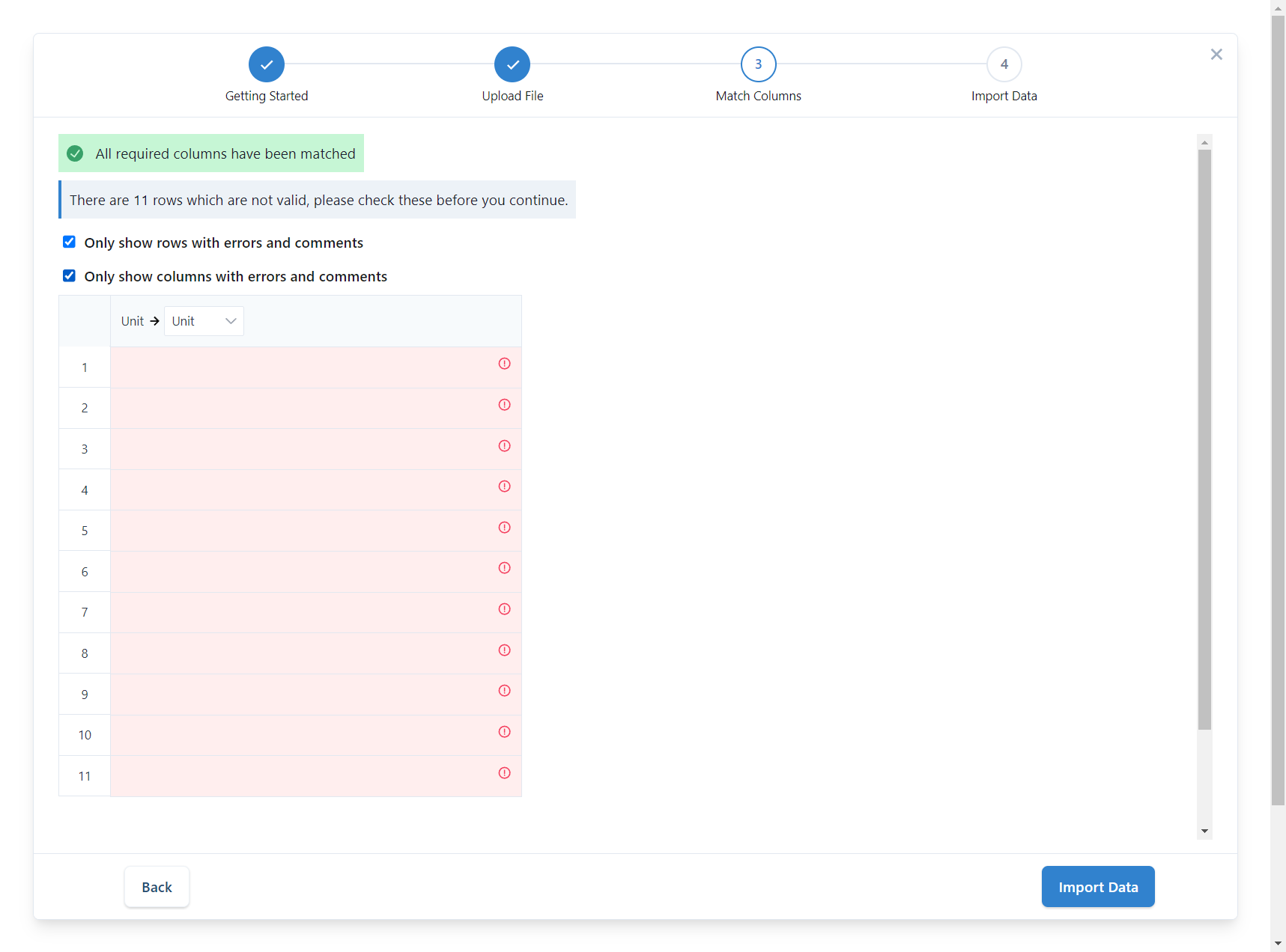 To discover which columns have mistakes, select only show columns with errors and comments.