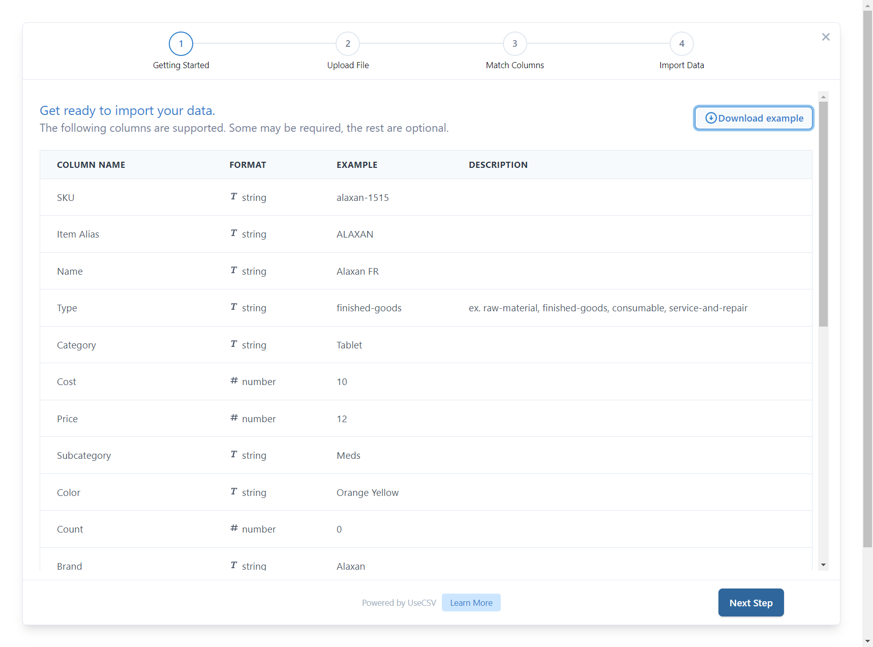 if you would like to continue with the csv upload. Click on Next Step.