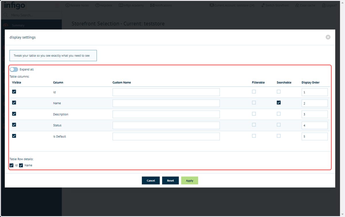 This screen will allow you to customise the storefront table