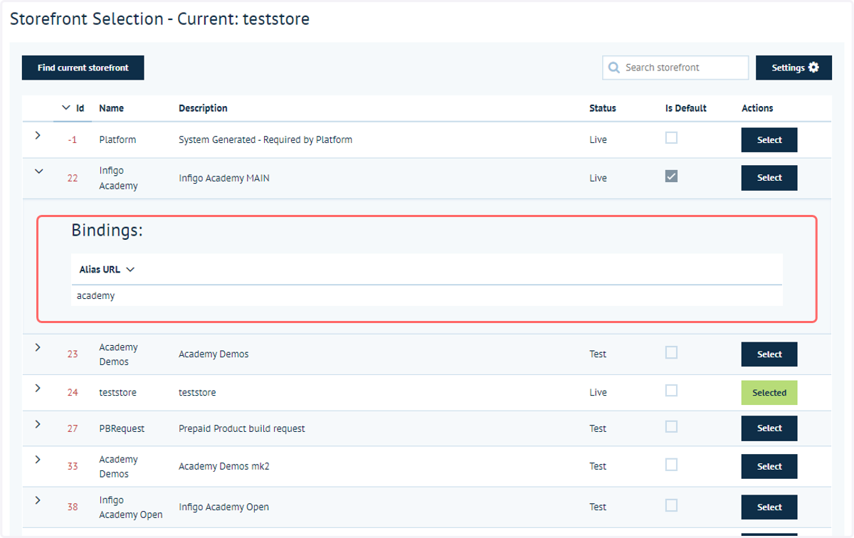 Expanding a Storefront will reveal existing bindings, and provide the ability to create new bindings.