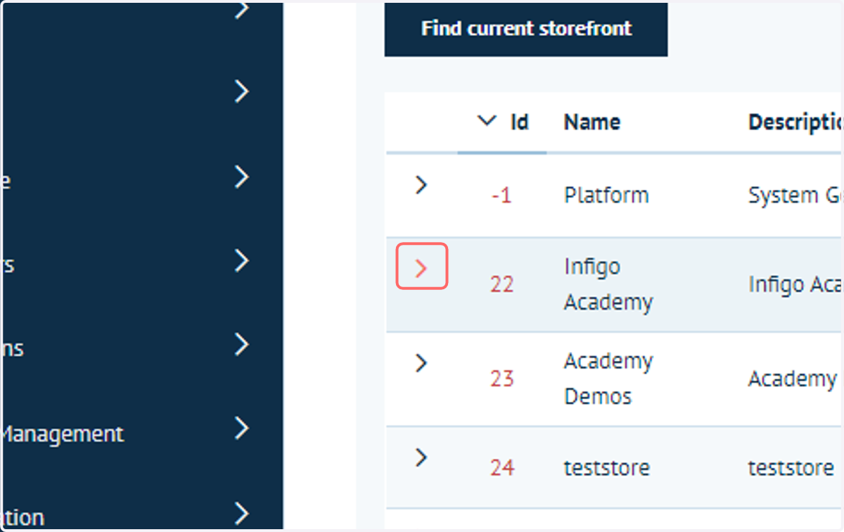 Expand each storefront to see the binding(s) associated with that storefront.