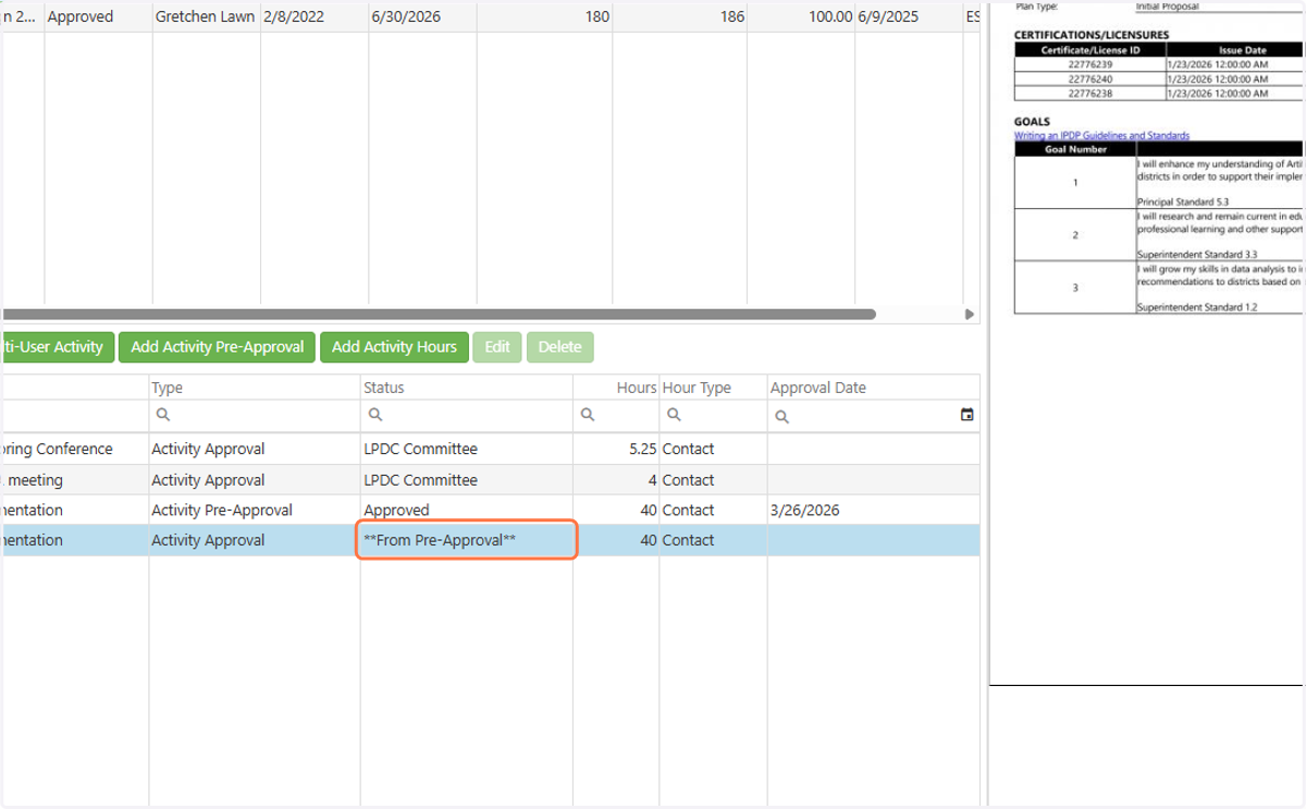 Click on **From Pre-Approval** when you have completed all of your work and are ready to upload evidence.