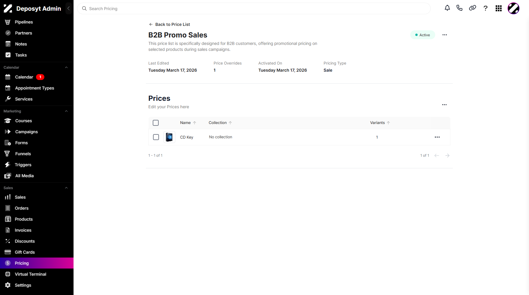 Step 15: You can now view your newly created price list.