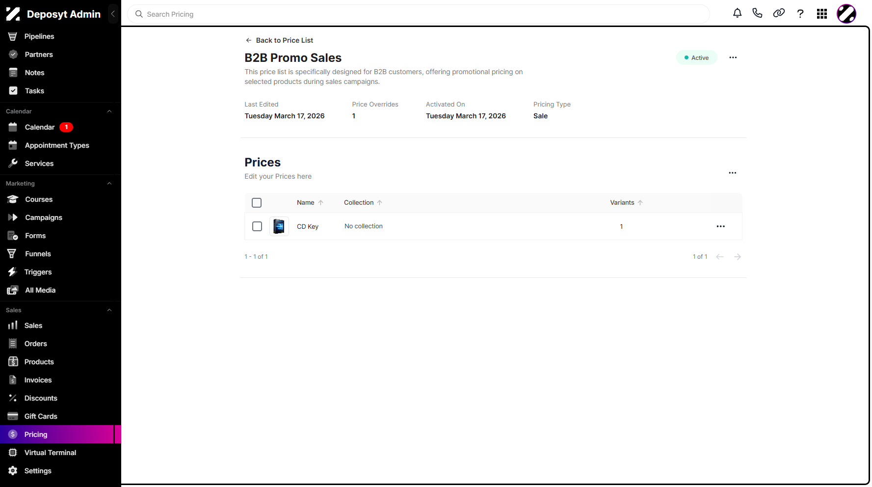 Step 15: You can now view your newly created price list.