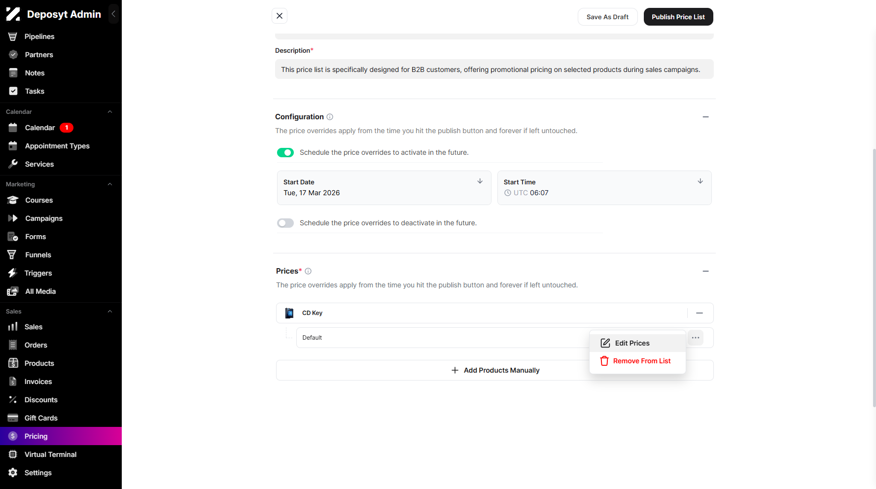 Step 11: A pop-up window will appear, where you can click the Edit Prices option.