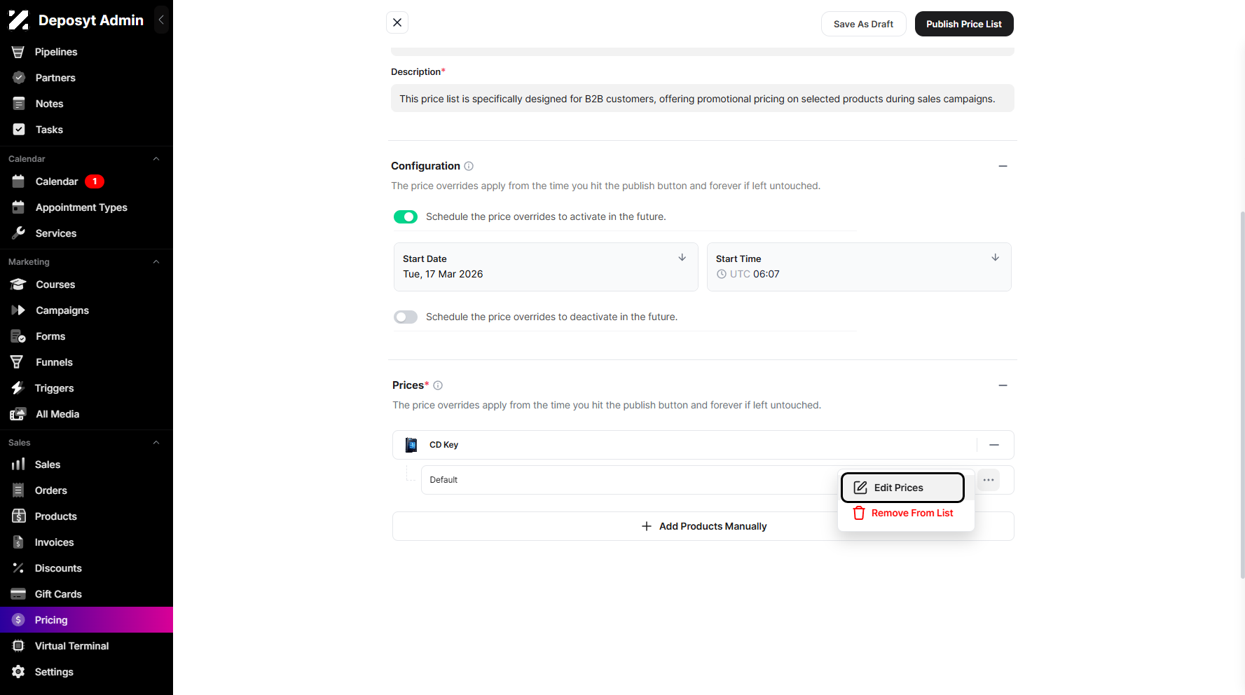 Step 11: A pop-up window will appear, where you can click the Edit Prices option.