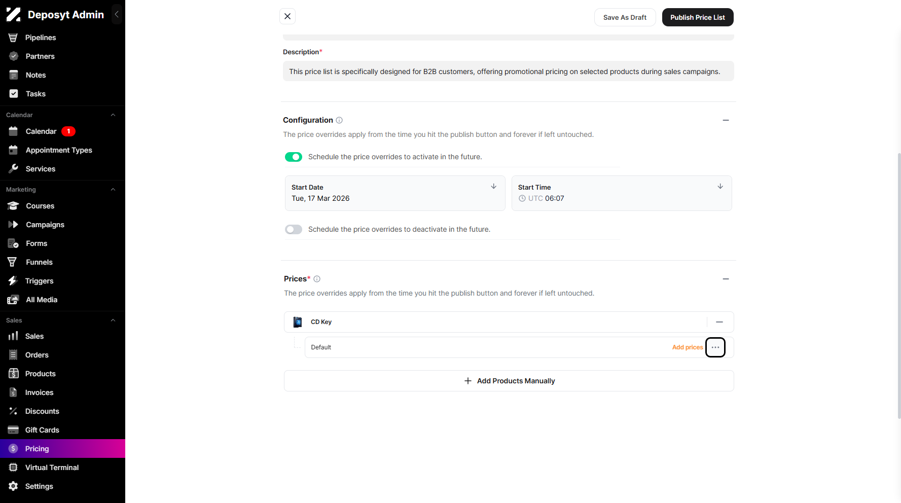 Step 10: Once added, you can click the three-dot menu to manage the product’s price.