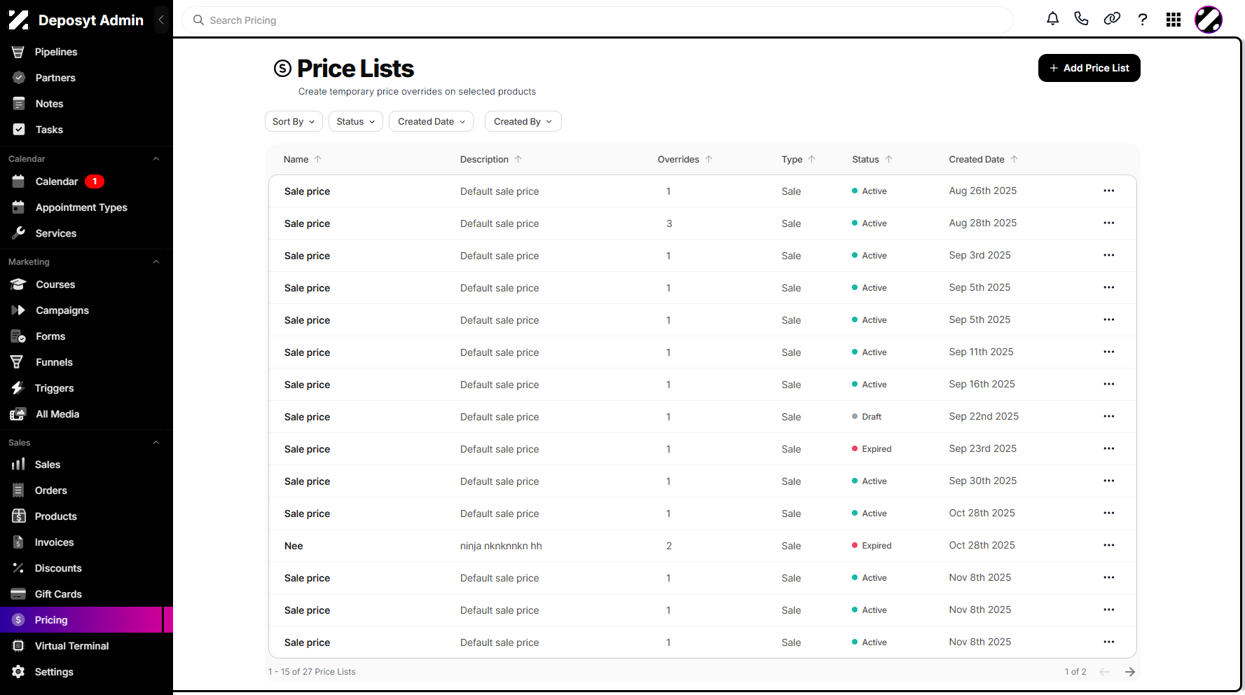 Step 2: You will then be navigated to the Price Lists.